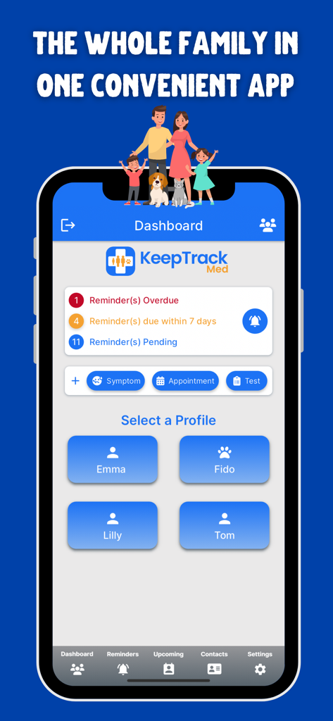KeepTrackMed - Health Record - Dashboard of KeepTrackMed health app showing medical reminders and multiple profiles for family members and pets