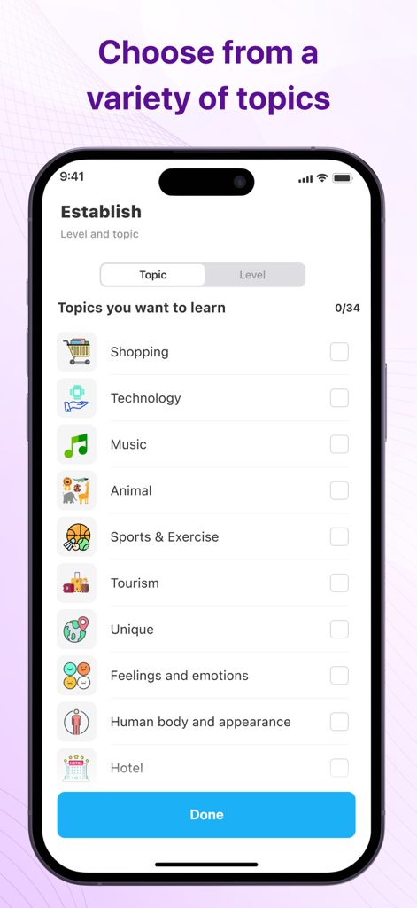 Learn English - 8 words a day - Interface of the Learn English app showing a list of vocabulary topics to choose from including shopping technology and music