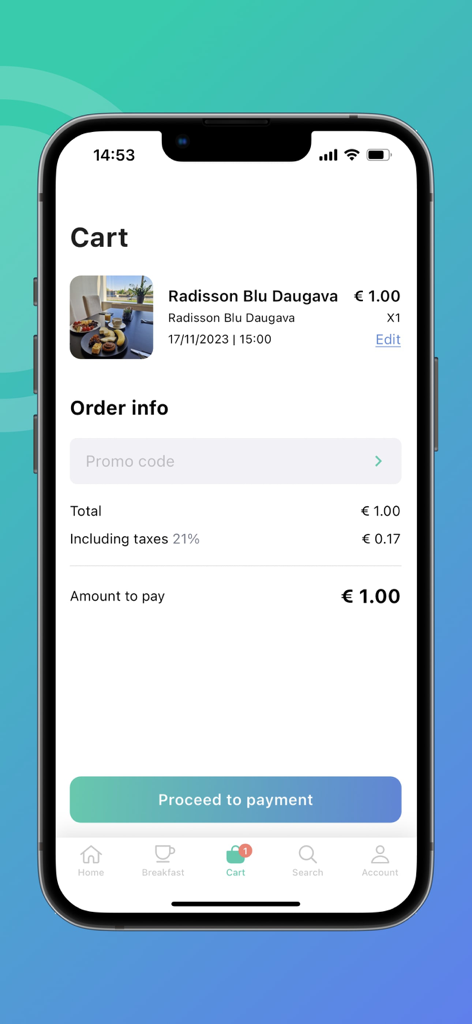 Eat in Hotels - Eat in Hotels app checkout screen showing a hotel dining reservation in the cart and a proceed to payment button