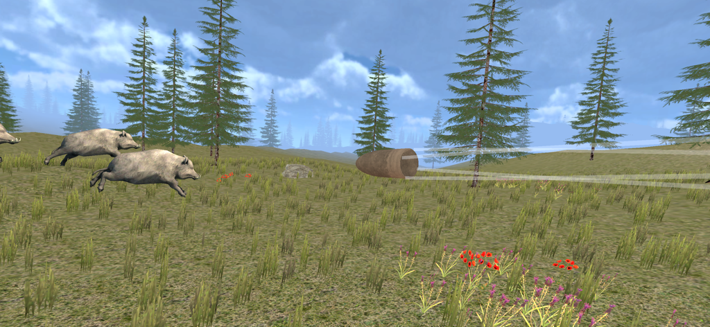 A sniper bullet flying in mid-air towards a sounder of wild boars in a grassy field.