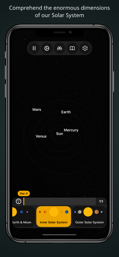 solAR app interface showing the orbits and labels of planets in the inner solar system