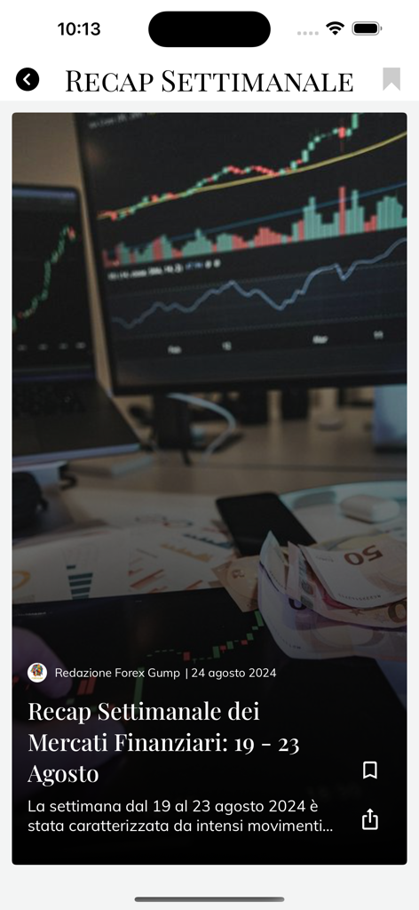 Forex Gump News - Weekly financial market recap screen in the Forex Gump News app showing trading charts and market analysis.