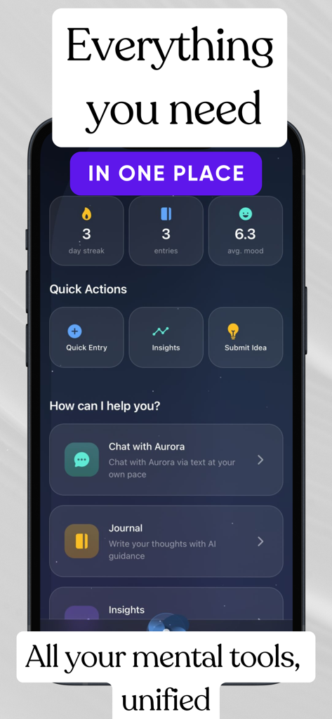 Aurora: AI Therapy & Community - Panel de la aplicación de salud mental IA de Aurora que muestra estadísticas de estado de ánimo, diario y opciones de chat IA