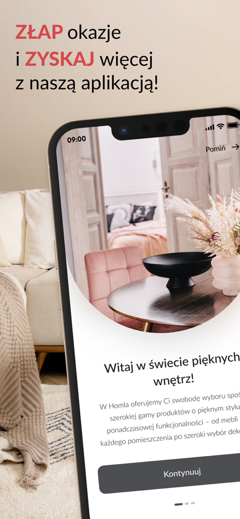 Homla shopping app welcome screen showcasing modern furniture and interior decor
