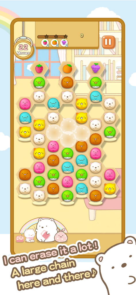 Sumikkogurashi-Puzzling Ways - Pantalla de juego de Sumikkogurashi Puzzling Ways que muestra un rompecabezas hexagonal Match-4 con personajes adorables.