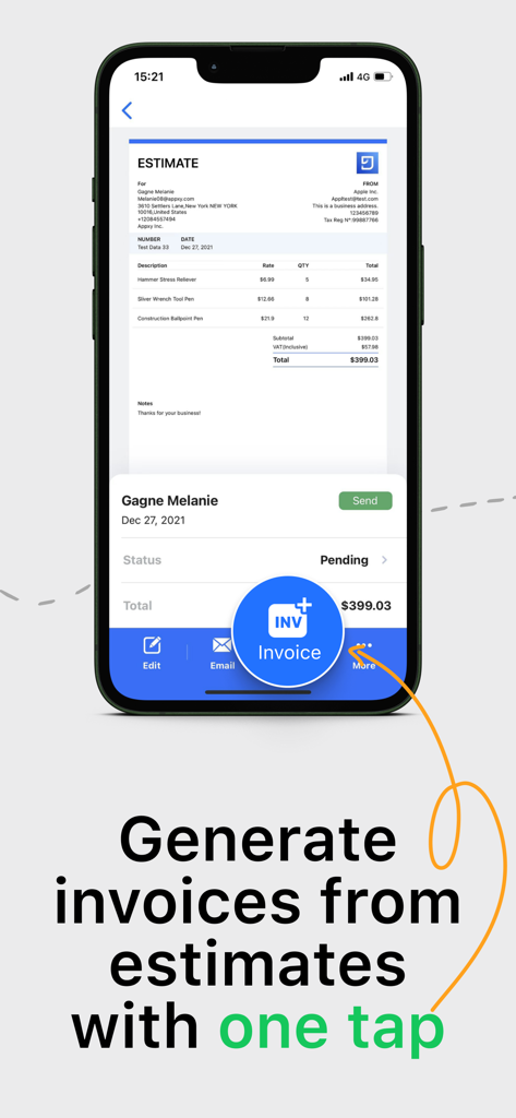 Invoice App: Estimate Maker - A mobile app screenshot demonstrating how to generate professional invoices from estimates with one tap.