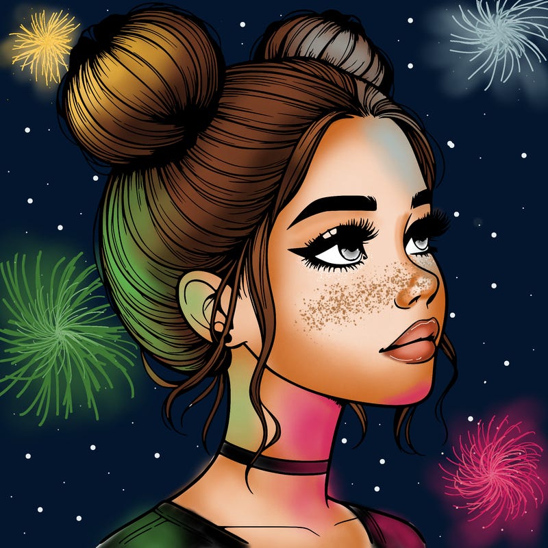realistic girl with buns on the top of her head