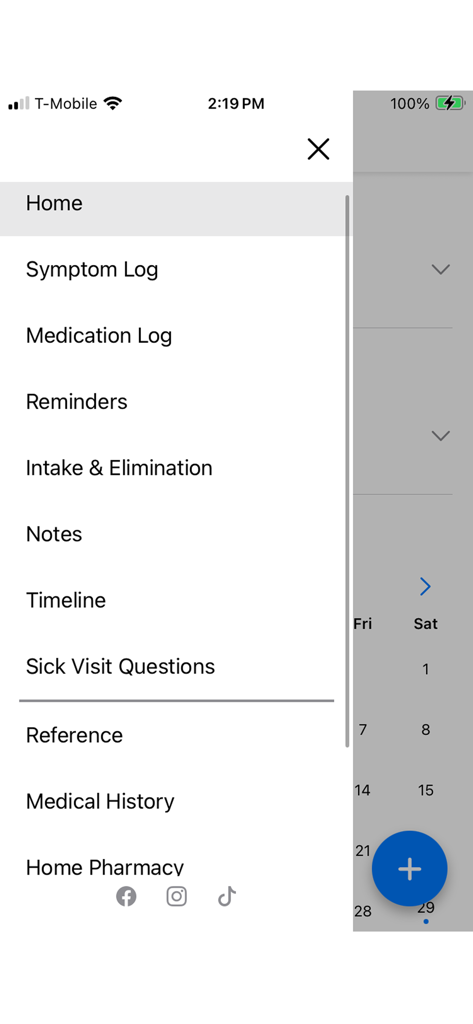 MamaMed - MamaMed app side navigation menu showing child health tracking and log options