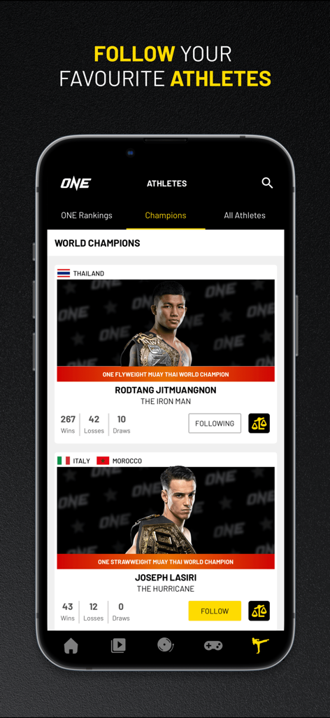 Ein Bildschirm der mobilen App, der Weltklasse-Kampfsportler und ihre Kampfstatistiken anzeigt