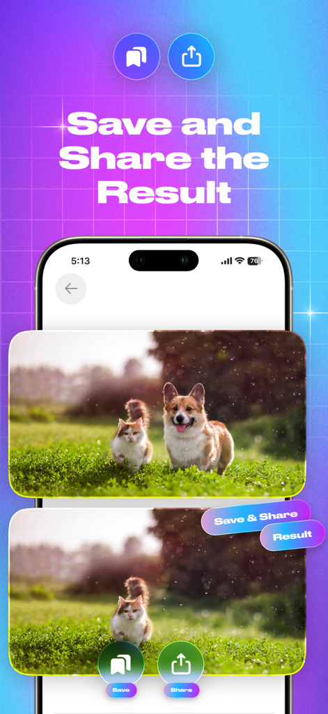 Photo Removerアプリの画面。犬が写真から削除され、結果を保存および共有するオプションが表示されている。