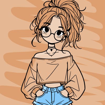 girl with a messy ponytail glasses a baggy crop top and jean shorts