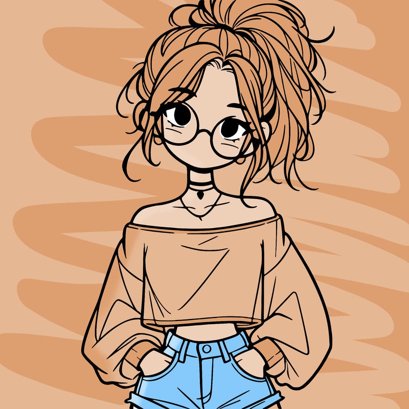girl with a messy ponytail glasses a baggy crop top and jean shorts