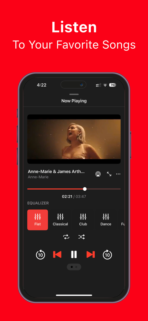 Wiedergabe-Bildschirm der Player GR Offline Music Pro App mit Videowiedergabe und Audio-Equalizer