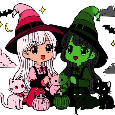 two witches with cats