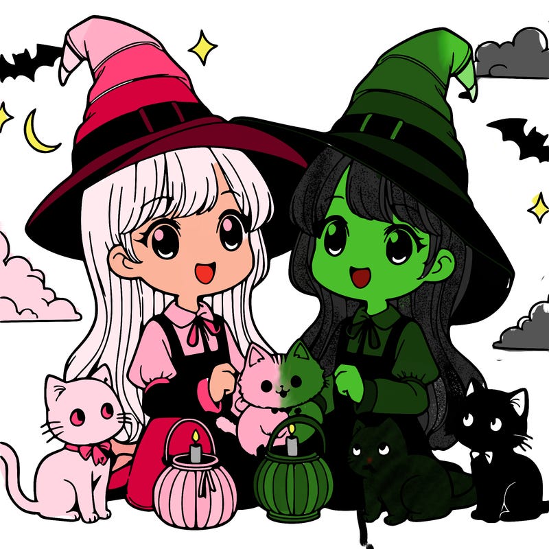 two witches with cats