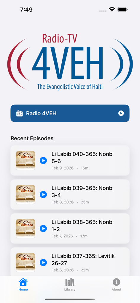 Radio 4VEH - Home screen of the Radio 4VEH app showing the logo and a list of recent podcast episodes