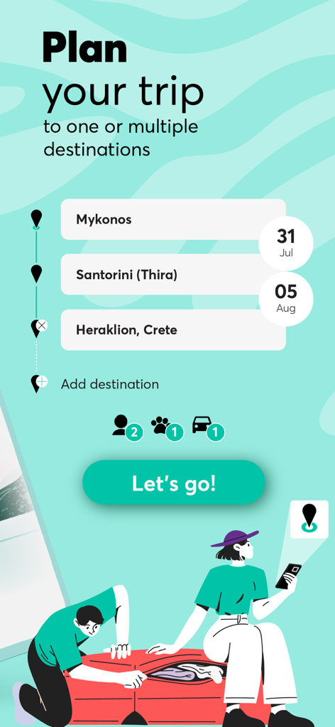 Ferryhopper - Interfaz de la aplicación Ferryhopper que muestra un itinerario de island hopping con paradas en Mykonos, Santorini y Creta