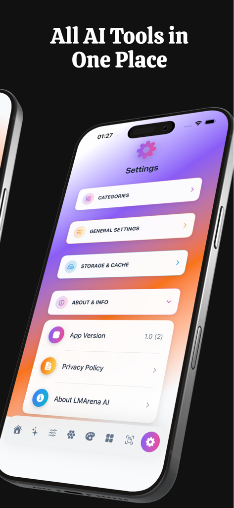 LMArena AI Creative - The settings screen of the LMArena AI Creative app on an iPhone displaying menu options for general settings and privacy policy