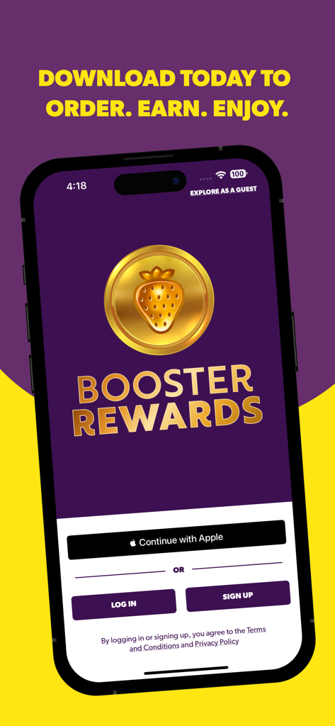 Booster Rewards - 로그인 및 가입 옵션이 있는 부스터 리워드 앱 시작 화면