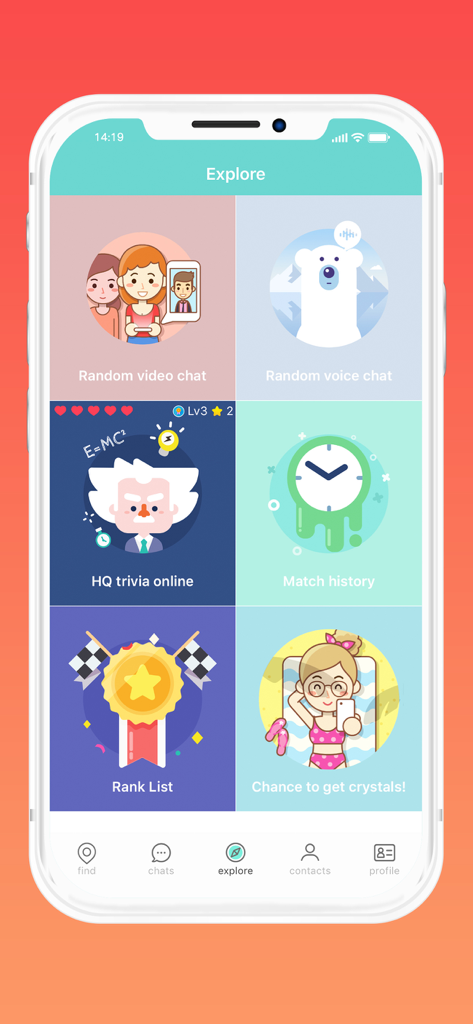 SayHi Chat app Explore screen with options for random video chat voice chat and trivia