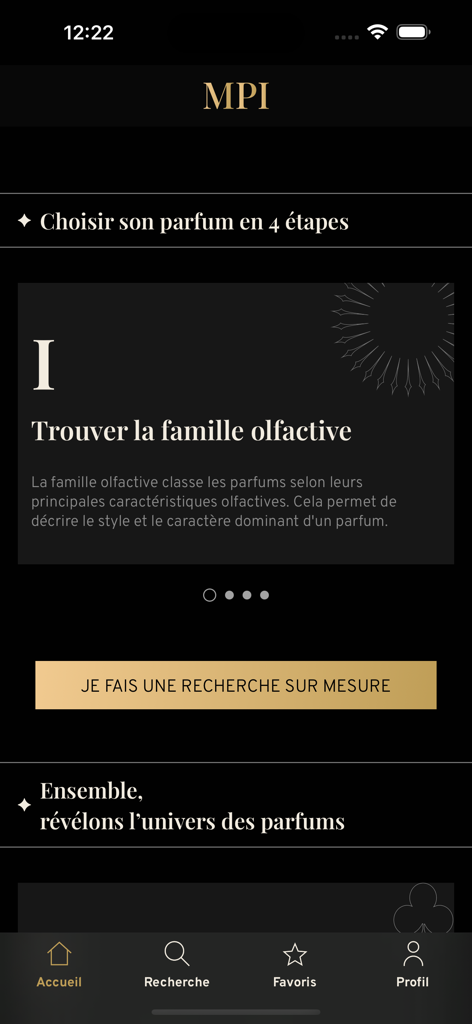 Mon parfum idéal - Home screen of Mon Parfum Ideal app showing the first step to find a perfume's olfactory family.