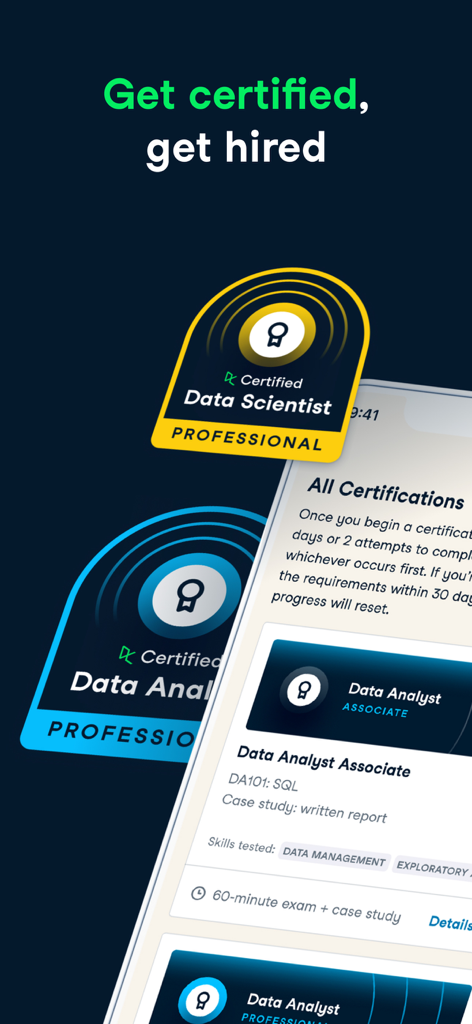 DataCamp App-Bildschirm mit professionellen Zertifizierungen für Data Science und Data Analyst mit dem Text 'Get certified get hired'