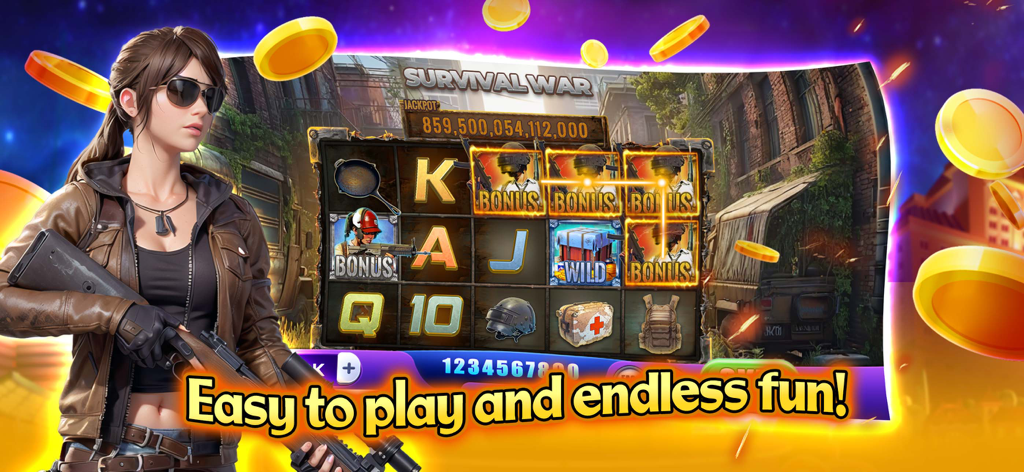 Jackpot Slots:Free Casino Game - Jackpot Slots gameplay showing the Survival War themed slot machine and a female action character