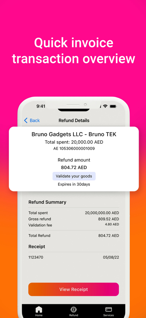 Planet Tax Free ME app displaying a quick invoice transaction overview and VAT refund details