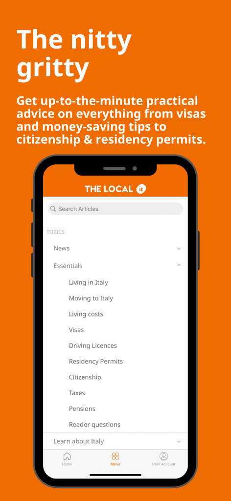 The Local - News in English - The Local app interface displaying practical life guides for Italy including visas residency permits and taxes
