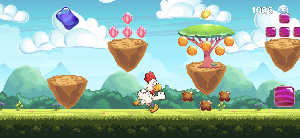 A cheerful chicken running in a colorful level to collect gems.