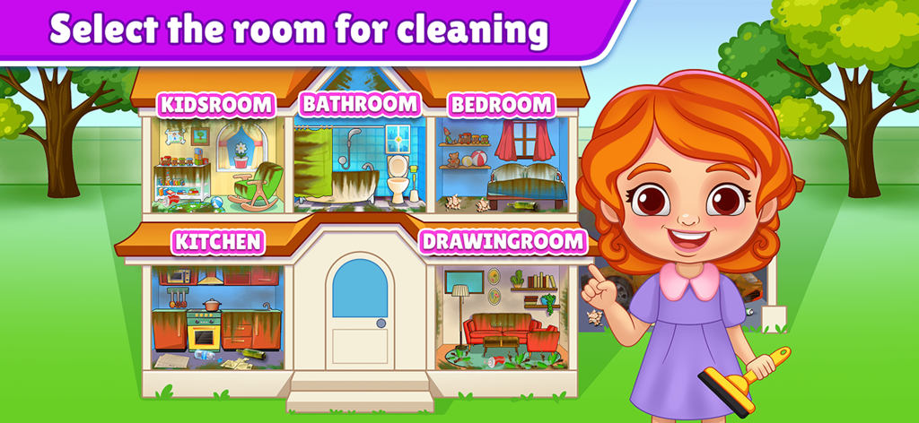 Baby Girl Home Cleaning - Una pantalla de menú que muestra una casa de muñecas con diferentes habitaciones sucias para seleccionar para limpiar, incluyendo el baño y la cocina de la habitación de los niños.