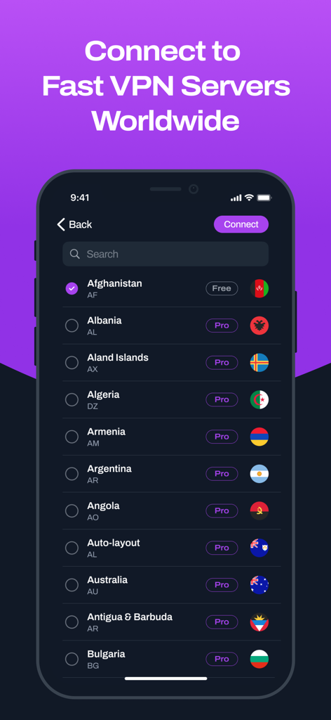 アフガニスタン、アルバニア、アルゼンチンなどのグローバル VPN サーバーの場所のリストと、無料およびプロのオプションが表示されるインターフェイス。