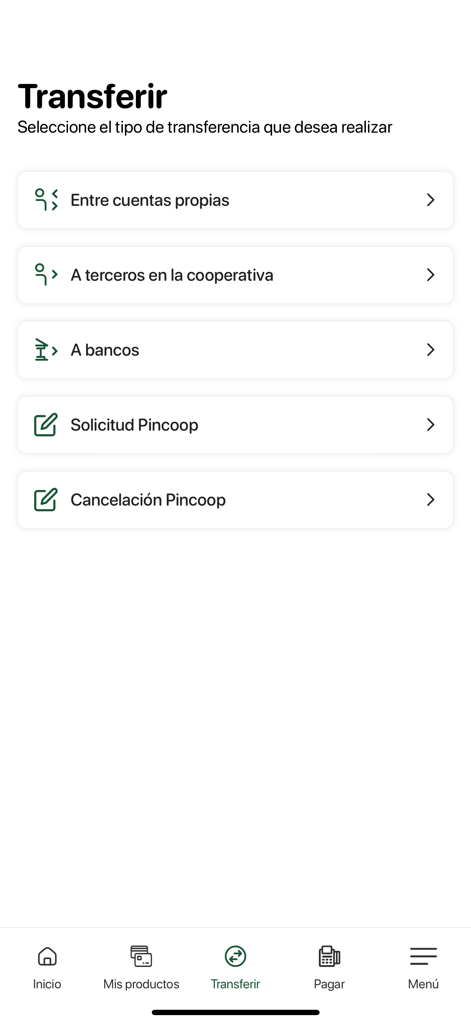 CoopSanjose app transfer menu with options for internal and external transfers