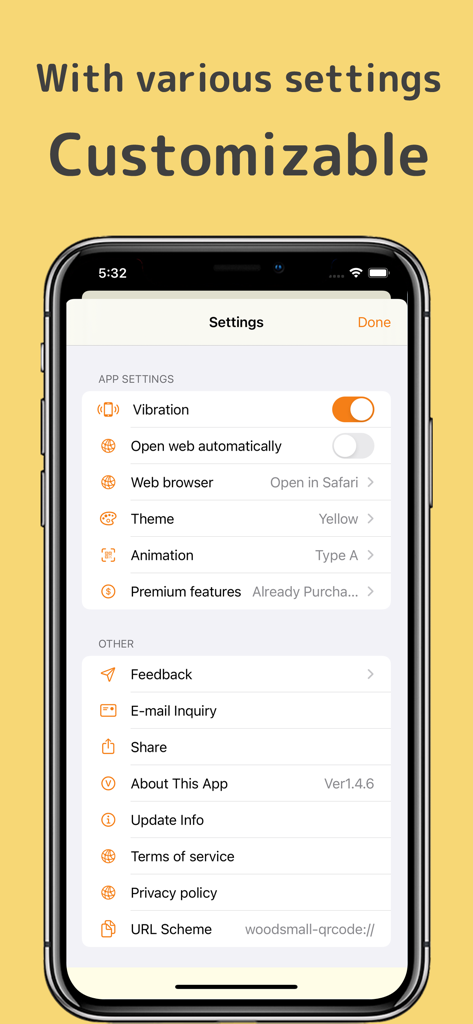 QRCode Simple QR Code Scanner - The settings screen of the QRCode Simple QR Code Scanner app showing customizable options for vibration, web browser, and theme.
