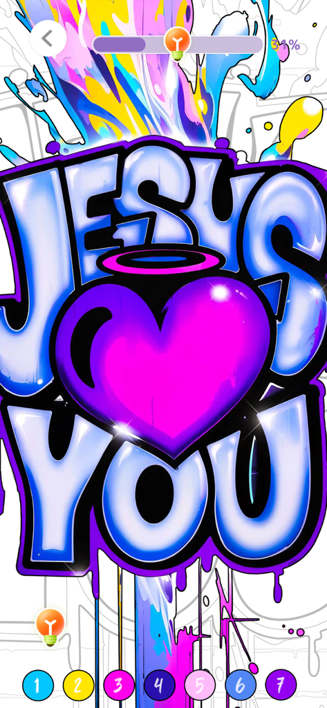 Un écran de peinture par numéro de style graffiti montrant un cœur violet et le texte Jesus Loves You