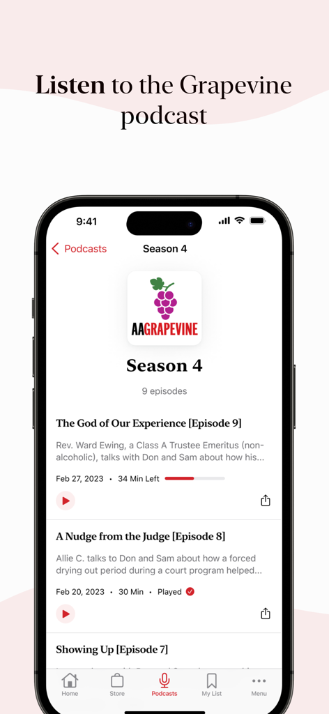AA Grapevine app podcast player screen showing recovery episodes.