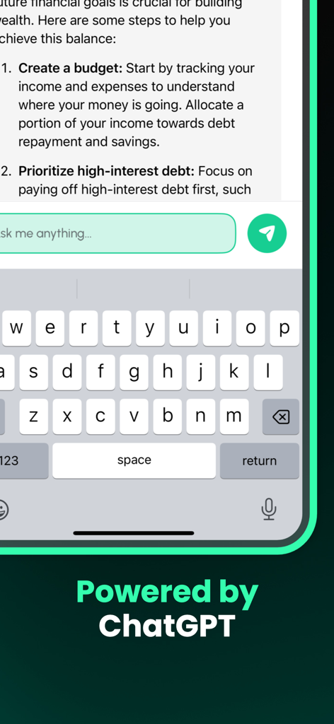 Sheets AI - Formula generator - Sheets AI mobile App-Oberfläche, die eine Chat-Interaktion zeigt, die von ChatGPT angetrieben wird.