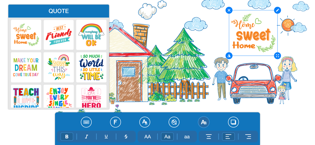 Doodle • Art - Un disegno digitale di una famiglia e una casa con una citazione personalizzabile 'Home Sweet Home' in fase di modifica nell'app Doodle Art
