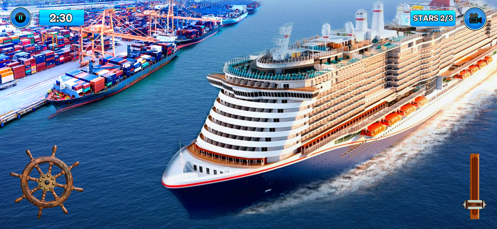 Ship Simulator Port Games 2024 - A large cruise liner navigating near a busy cargo port with game controls in a ship simulator
