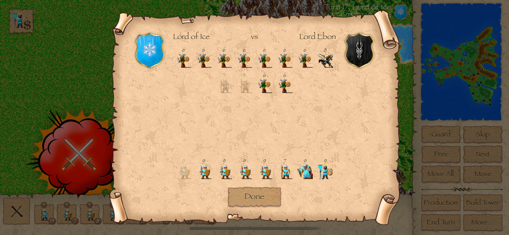 Warlords Classic Strategy - Warlords Classic Strategy battle report screen showing units and map