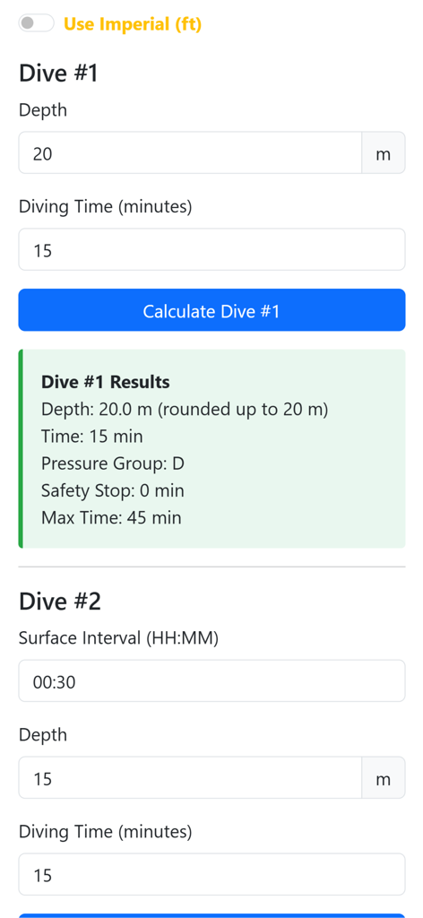 Dive Planner Calculator - Interface of the Dive Planner Calculator app showing depth, time, and surface interval calculations for multiple dives.