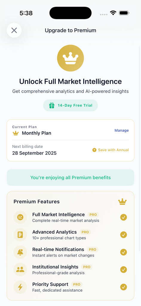 Sigmix - Sigmix app upgrade to premium screen showing list of pro features and current monthly plan details