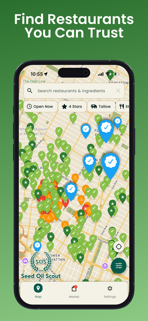 Map view of the Seed Oil Scout app showing verified and community-rated restaurants in Manhattan with filters for healthy oils