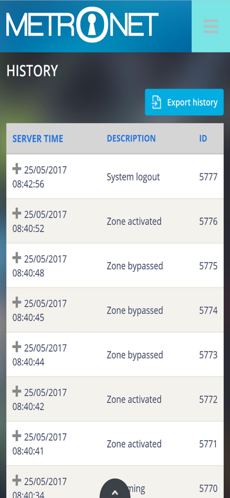 Metronet - Pantalla de historial de la aplicación Metronet mostrando una lista de eventos de seguridad, incluyendo activación de zona y cierres de sesión del sistema con marcas de tiempo