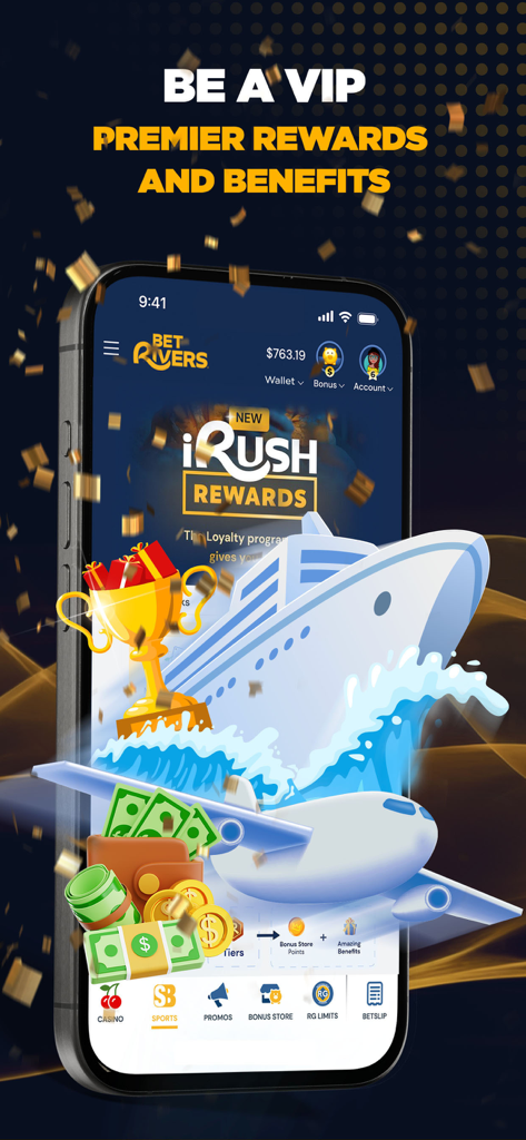 BetRivers: Casino & Sportsbook - BetRivers App-Bildschirm, der das iRush Rewards-Treueprogramm mit VIP-Vorteilen wie Kreuzfahrten und Flügen hervorhebt.