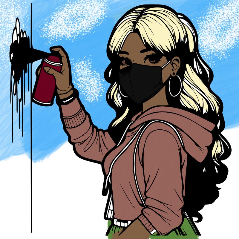 realistic girl with mask spray painting a wall