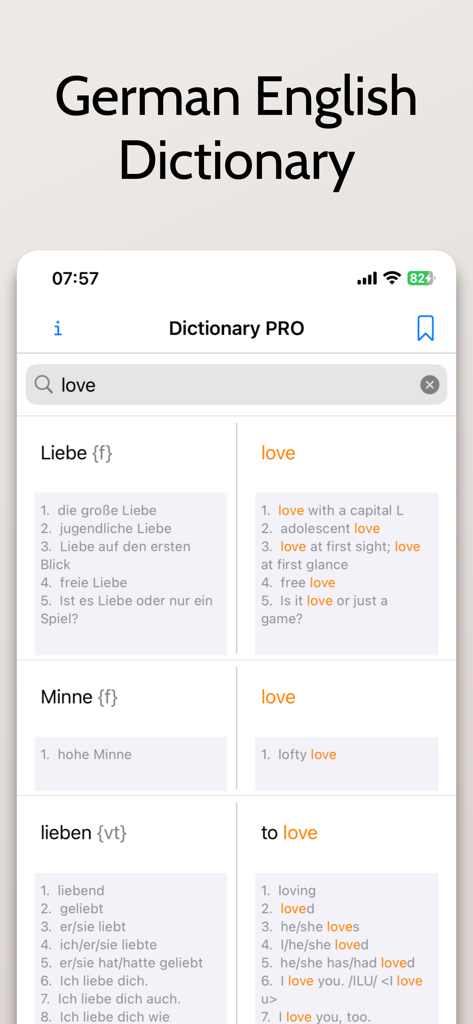 German English Dictionary app interface showing multiple translations and usage examples for the word love.