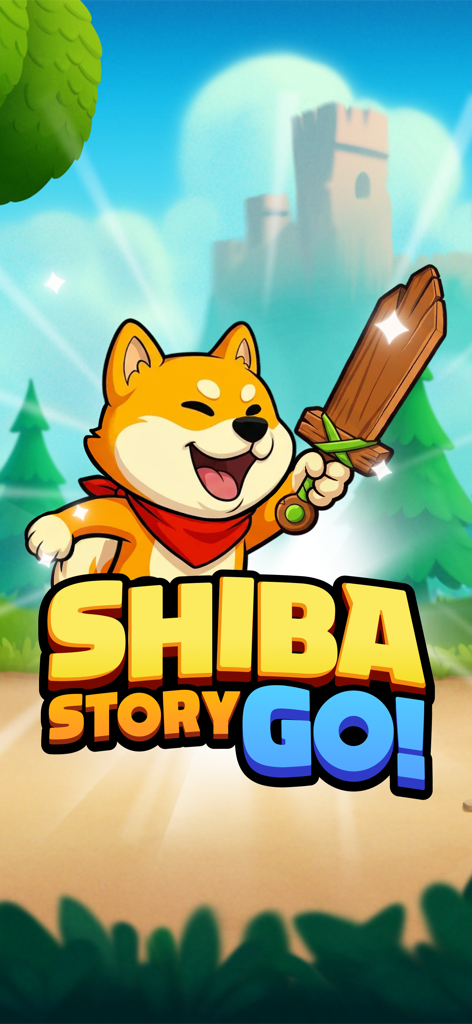 Shiba Story Go! Idle RPG Game - Héroe Shiba Inu de dibujos animados con una espada de madera en Shiba Story Go Idle RPG