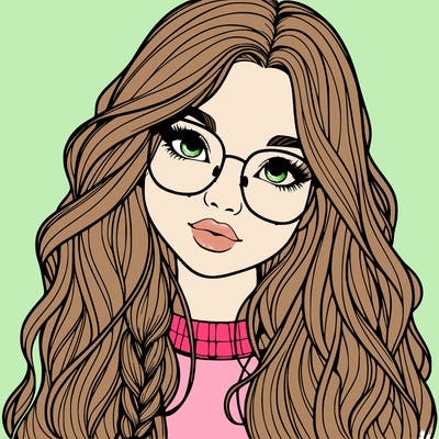 girl with long hair and freckles and glasses realistic