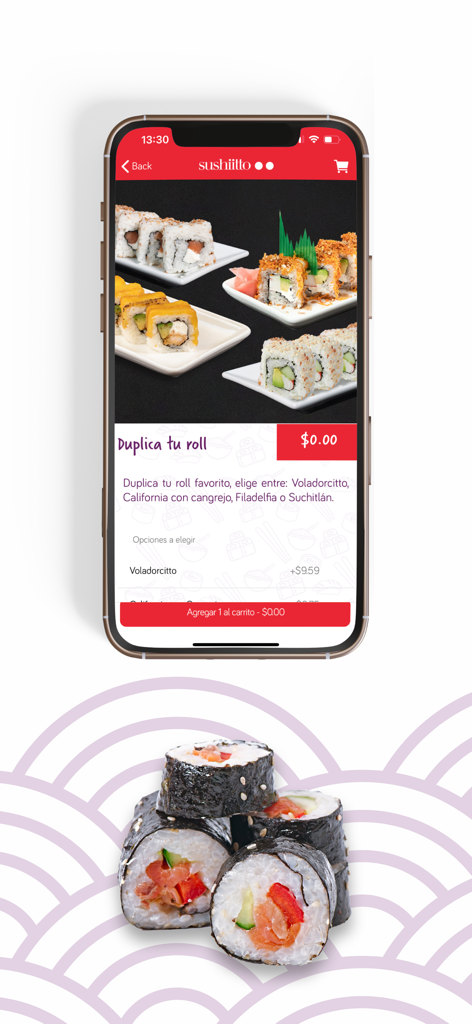 Sushiitto El Salvador mobile app interface showing sushi rolls and ordering menu